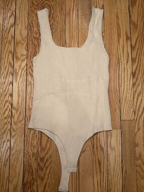 Forever 21 Cream Ribbed Scoop Neck Bodysuit